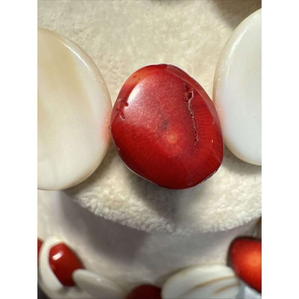 VTG Natural Red Coral Chunky Necklace 22"White MOP Disc Beads & Bracelet Set - Picture 8 of 16